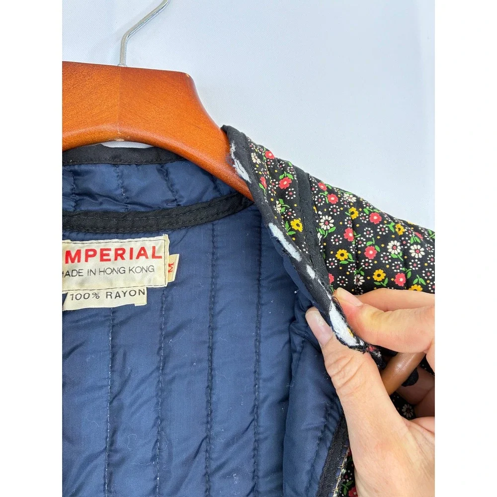 VTG 70s  Imperial Quilted Floral Chore Jacket Rayon Toggle Mandarin Collar M